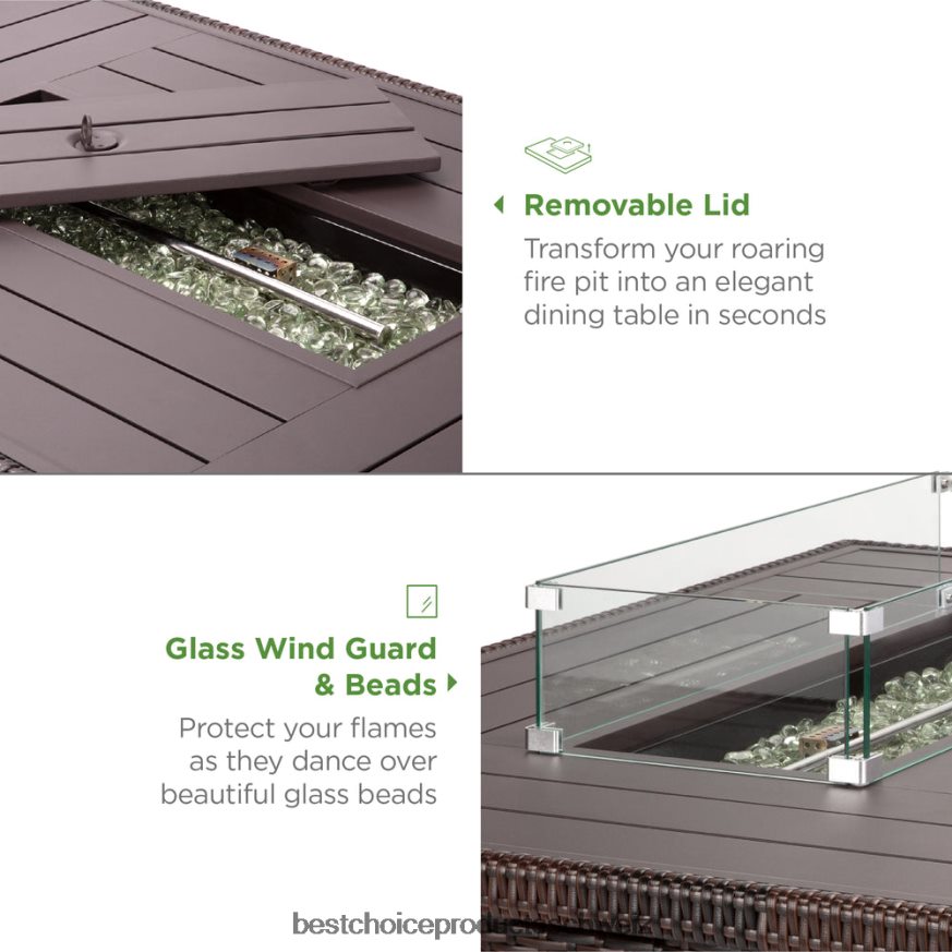 Best Choice Products Propan-Feuerstellentisch aus Korbgeflecht, 50.000 BTU mit Windschutz aus Glas, Abdeckung braun 2JD022928