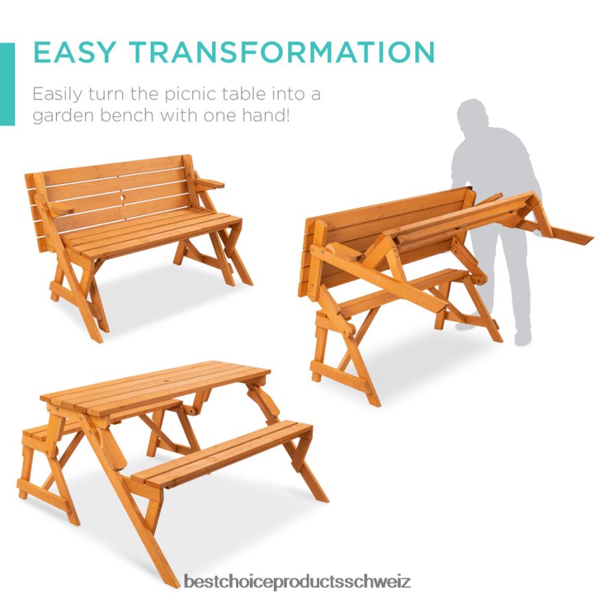 Best Choice Products 2-in-1 austauschbarer Picknicktisch/Gartenbank aus Holz für den Außenbereich braun 2JD022431