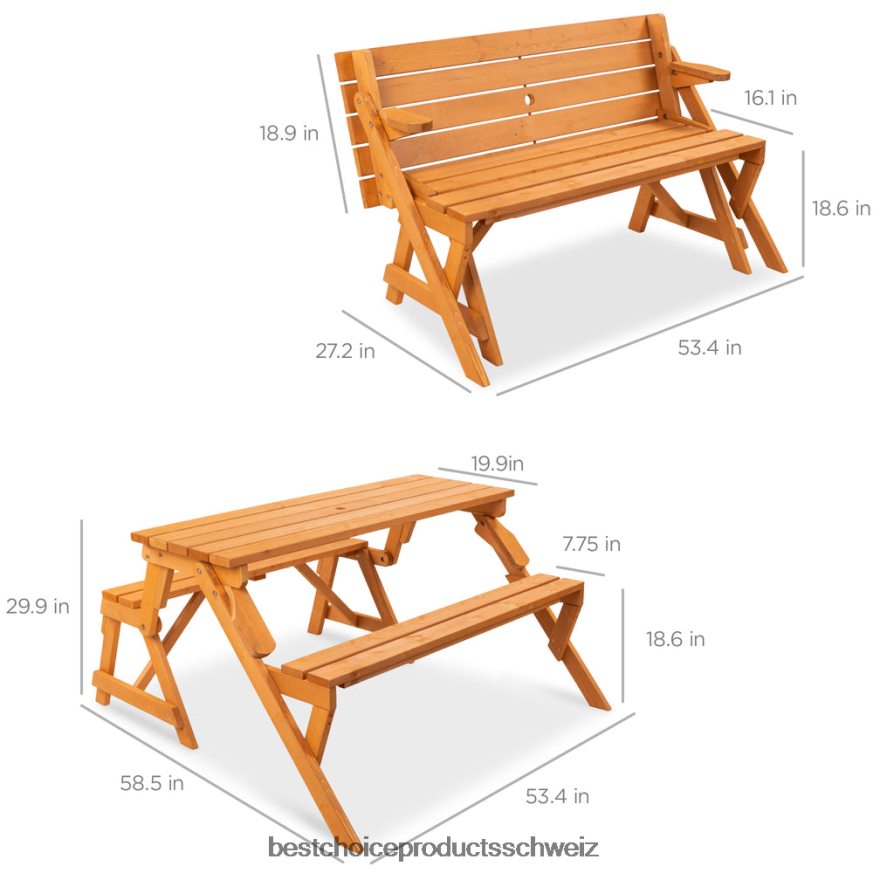 Best Choice Products 2-in-1 austauschbarer Picknicktisch/Gartenbank aus Holz für den Außenbereich braun 2JD022431