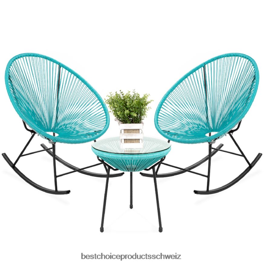 Best Choice Products 3-teiliges Acapulco-Schaukelstuhl-Bistro-Set für die Terrasse aus gewebtem Seil Blau 2JD0221419