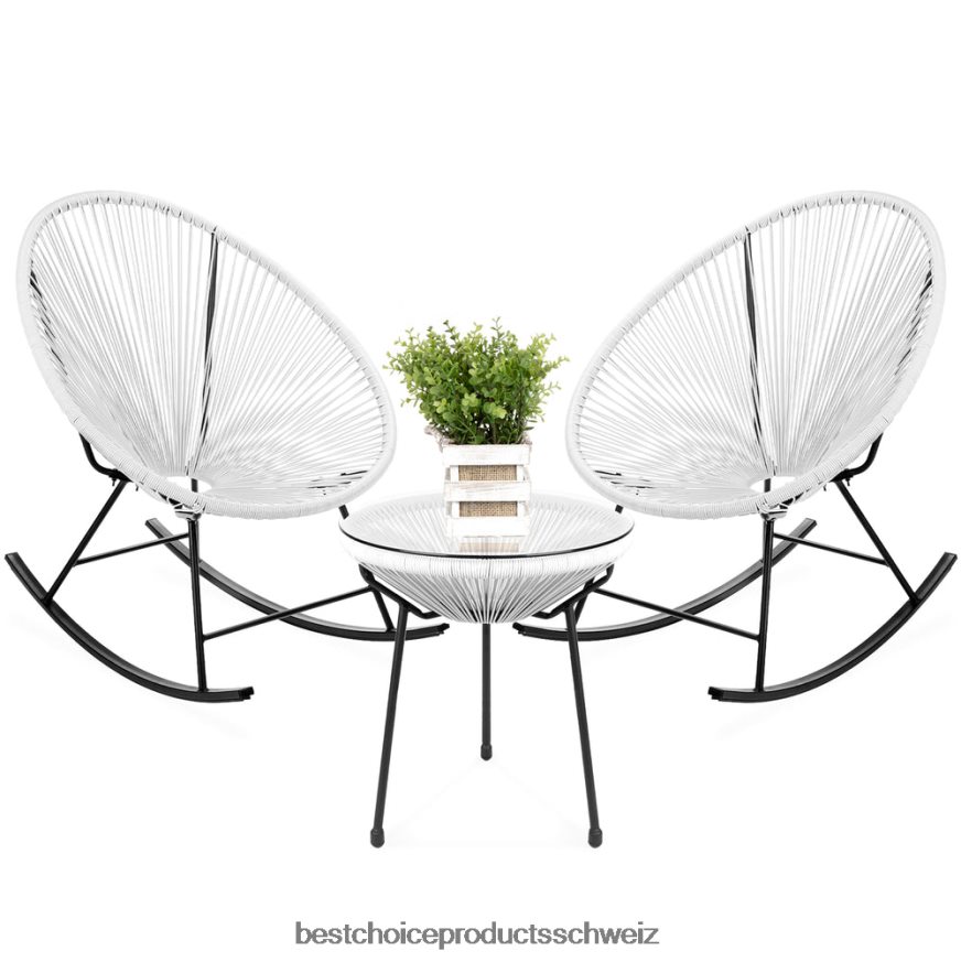Best Choice Products 3-teiliges Acapulco-Schaukelstuhl-Bistro-Set für die Terrasse aus gewebtem Seil Weiß 2JD0221418