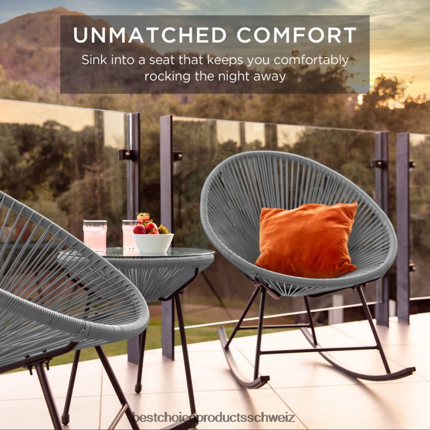 Best Choice Products 3-teiliges Acapulco-Schaukelstuhl-Bistro-Set für die Terrasse aus gewebtem Seil grau 2JD0221417