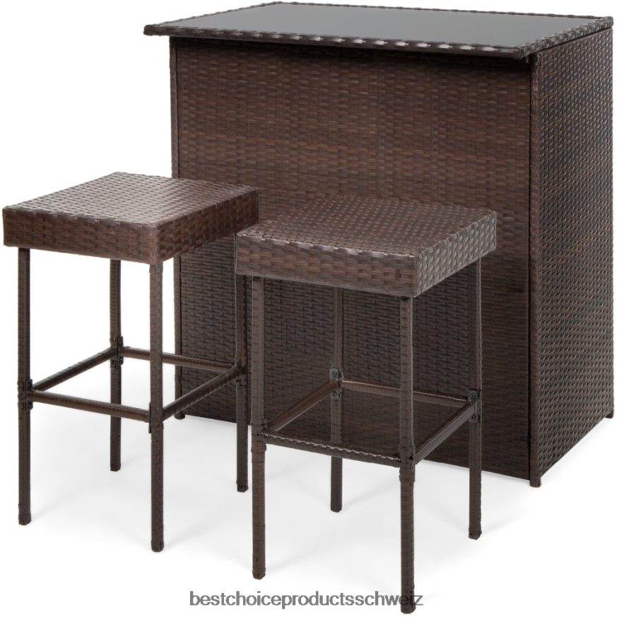 Best Choice Products 3-teiliges Allwetter-Stehtischset aus Korbgeflecht für den Außenbereich mit 2 Hockern braun 2JD022943