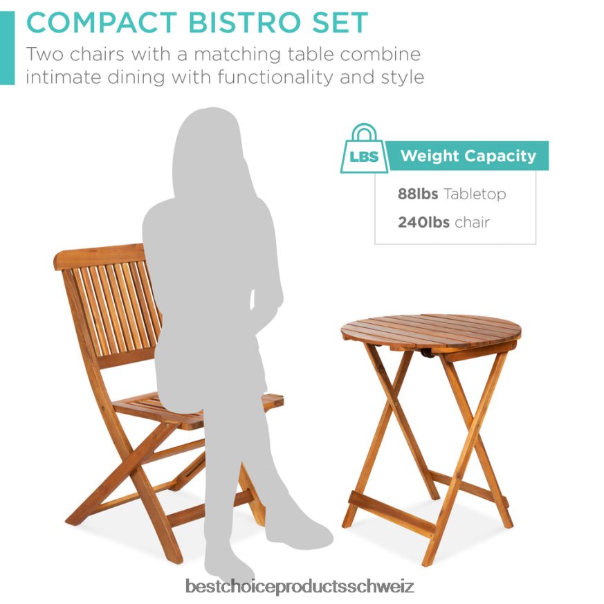 Best Choice Products 3-teiliges Bistro-Set aus Akazienholz mit Klapptisch und 2 Stühlen braun 2JD022421