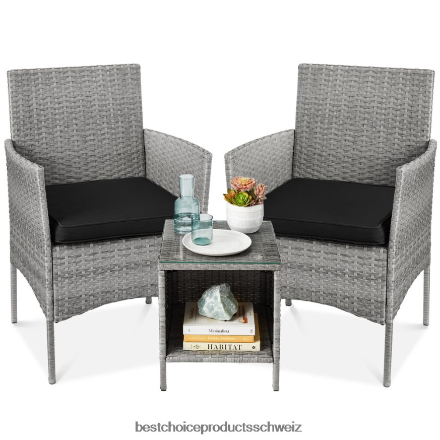 Best Choice Products 3-teiliges Bistro-Set aus Korbgeflecht für die Terrasse mit Beistelltisch Grauschwarz 2JD0221314