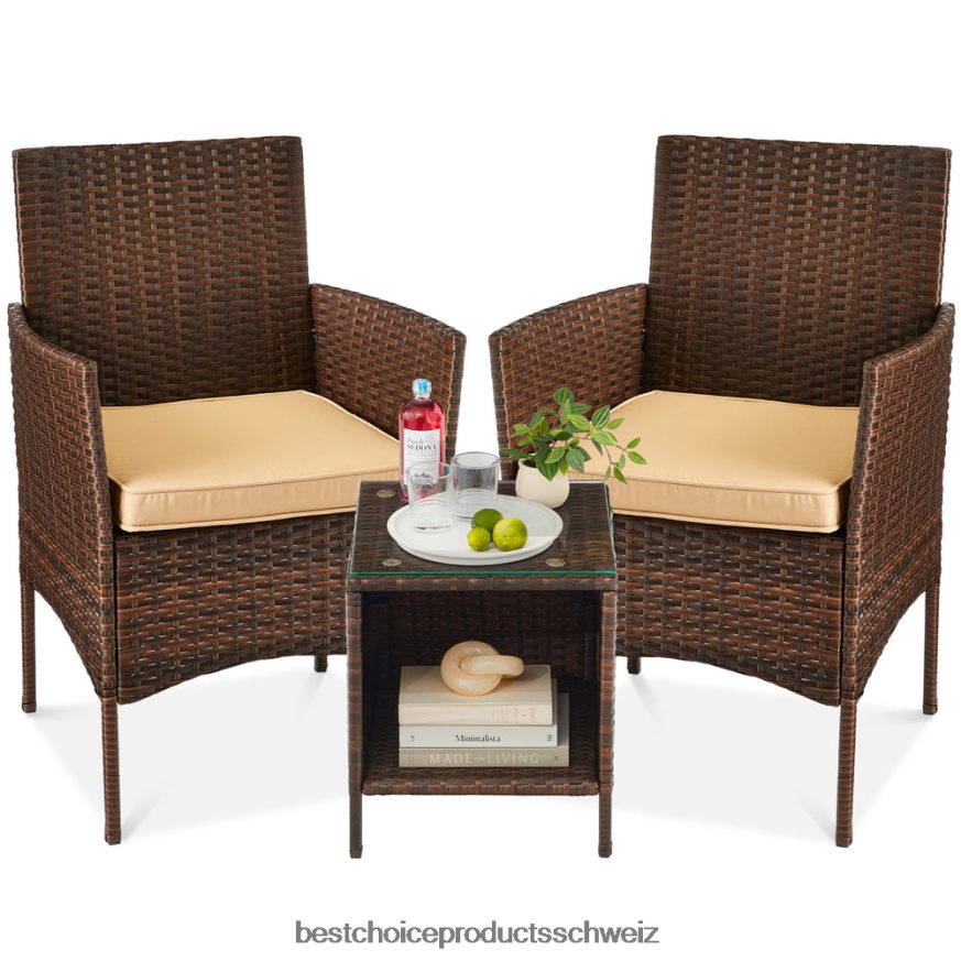 Best Choice Products 3-teiliges Bistro-Set aus Korbgeflecht für die Terrasse mit Beistelltisch braun/braun 2JD0221315