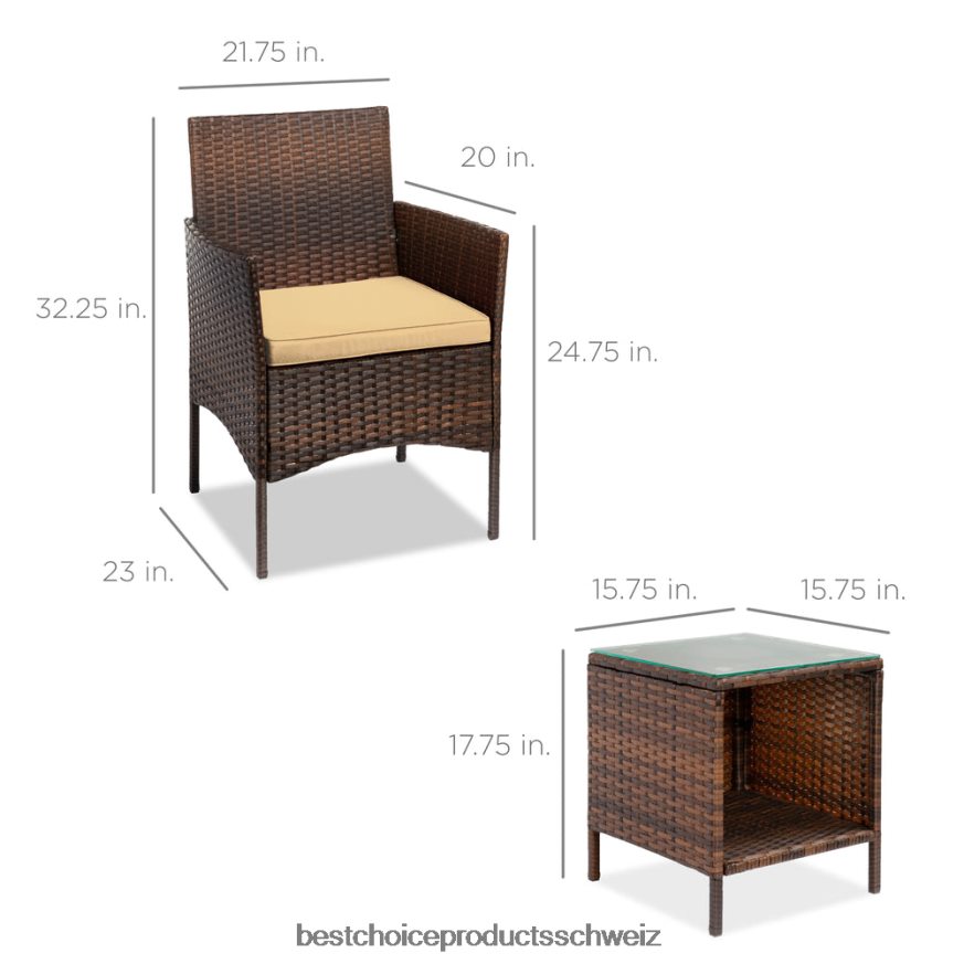 Best Choice Products 3-teiliges Bistro-Set aus Korbgeflecht für die Terrasse mit Beistelltisch braun/braun 2JD0221315
