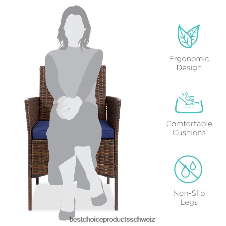 Best Choice Products 3-teiliges Bistro-Set aus Korbgeflecht für die Terrasse mit Beistelltisch braun/marine 2JD0221313