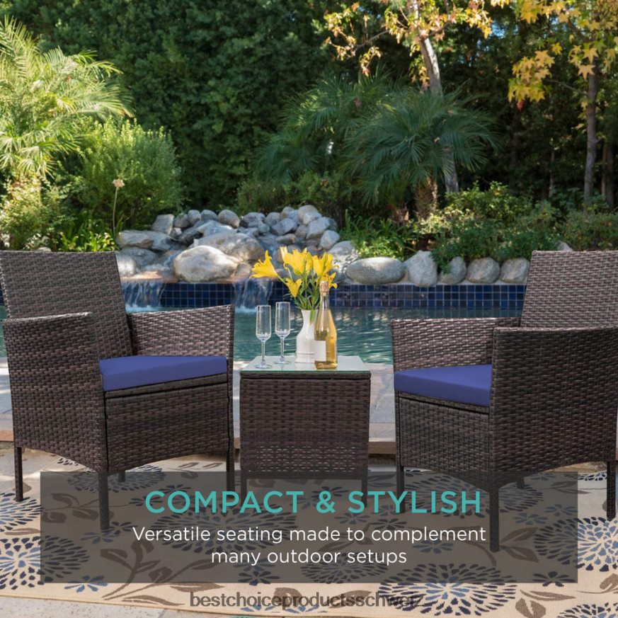 Best Choice Products 3-teiliges Bistro-Set aus Korbgeflecht für die Terrasse mit Beistelltisch braun/marine 2JD0221313