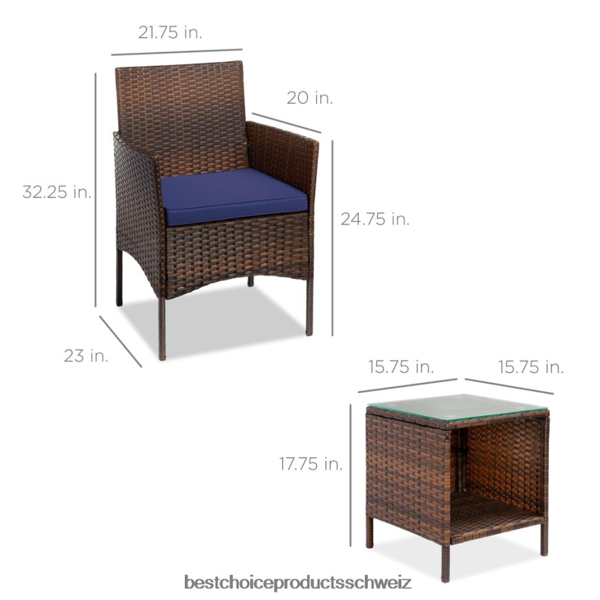 Best Choice Products 3-teiliges Bistro-Set aus Korbgeflecht für die Terrasse mit Beistelltisch braun/marine 2JD0221313