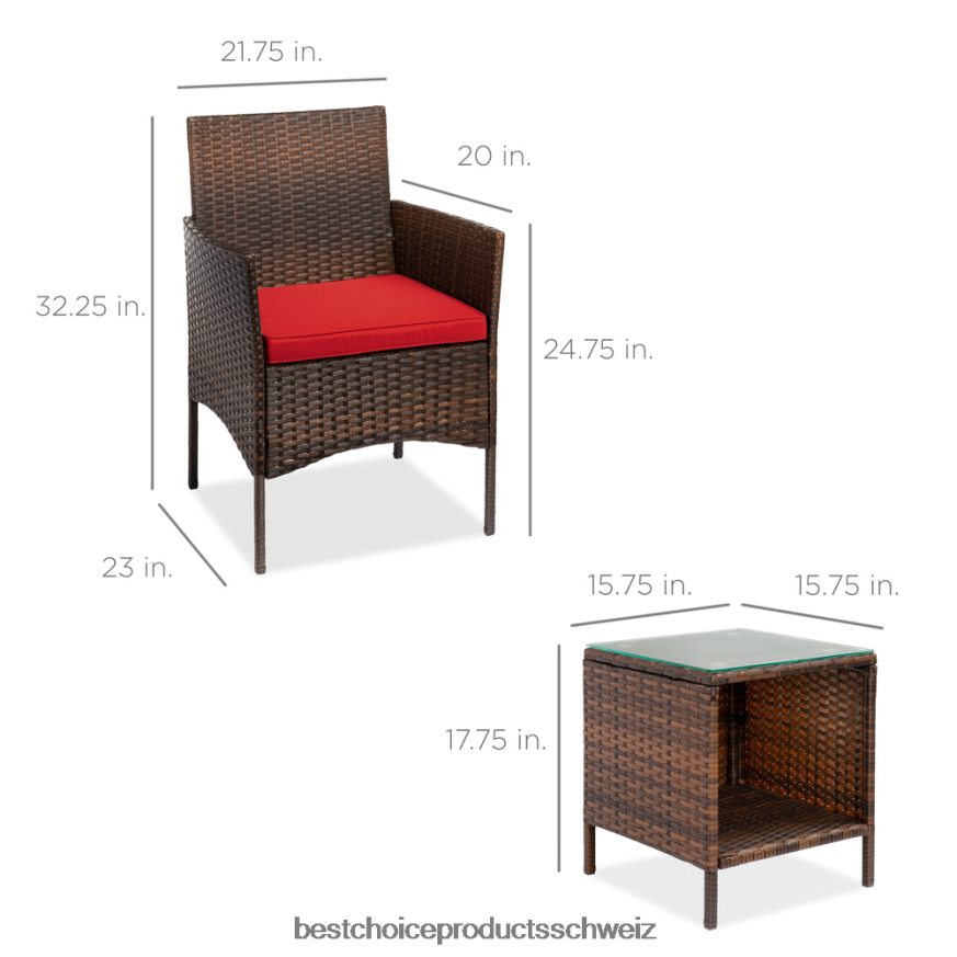 Best Choice Products 3-teiliges Bistro-Set aus Korbgeflecht für die Terrasse mit Beistelltisch rotbraun 2JD0221312