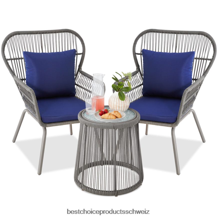 Best Choice Products 3-teiliges Bistro-Set aus Korbgeflecht mit 2 Stühlen und Glastisch grau/marine 2JD0221351
