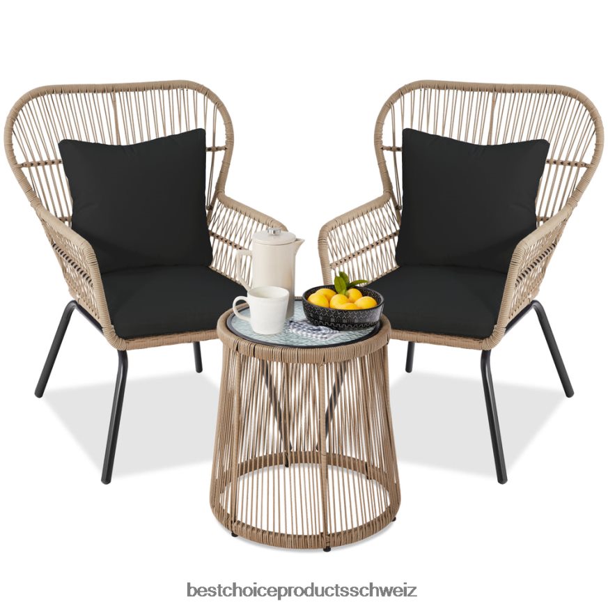 Best Choice Products 3-teiliges Bistro-Set aus Korbgeflecht mit 2 Stühlen und Glastisch natur/schwarz 2JD0221352