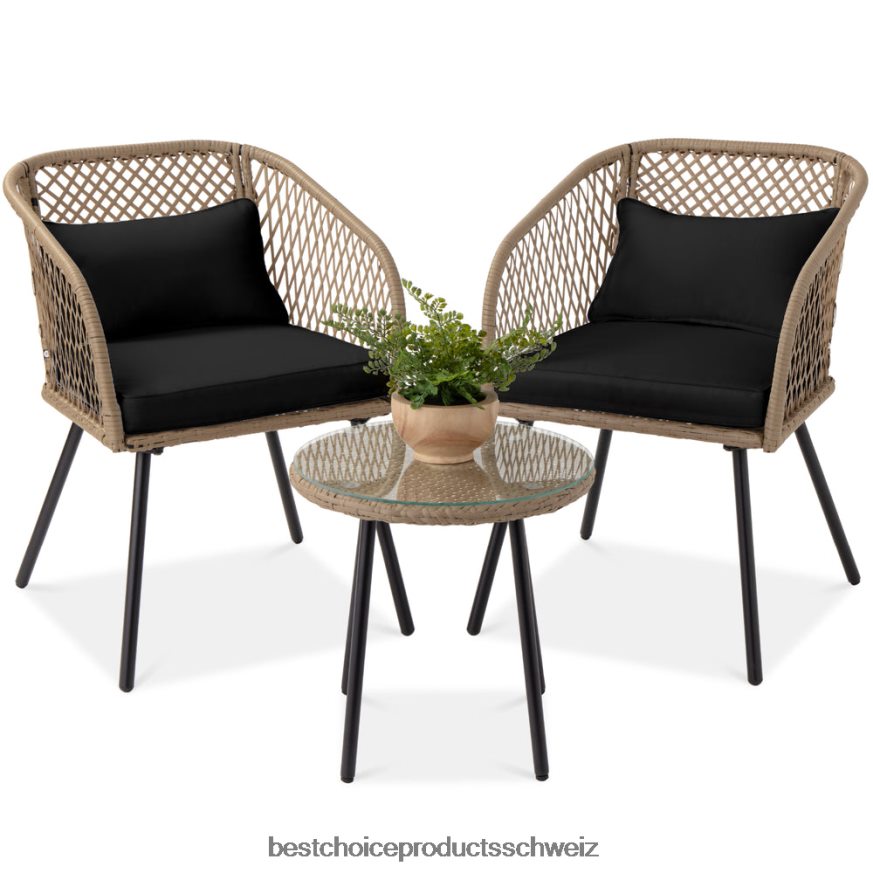 Best Choice Products 3-teiliges Outdoor-Bistro-Set aus Korbgeflecht mit Rautenmuster und Beistelltisch aus gehärtetem Glas Schwarz 2JD0221445