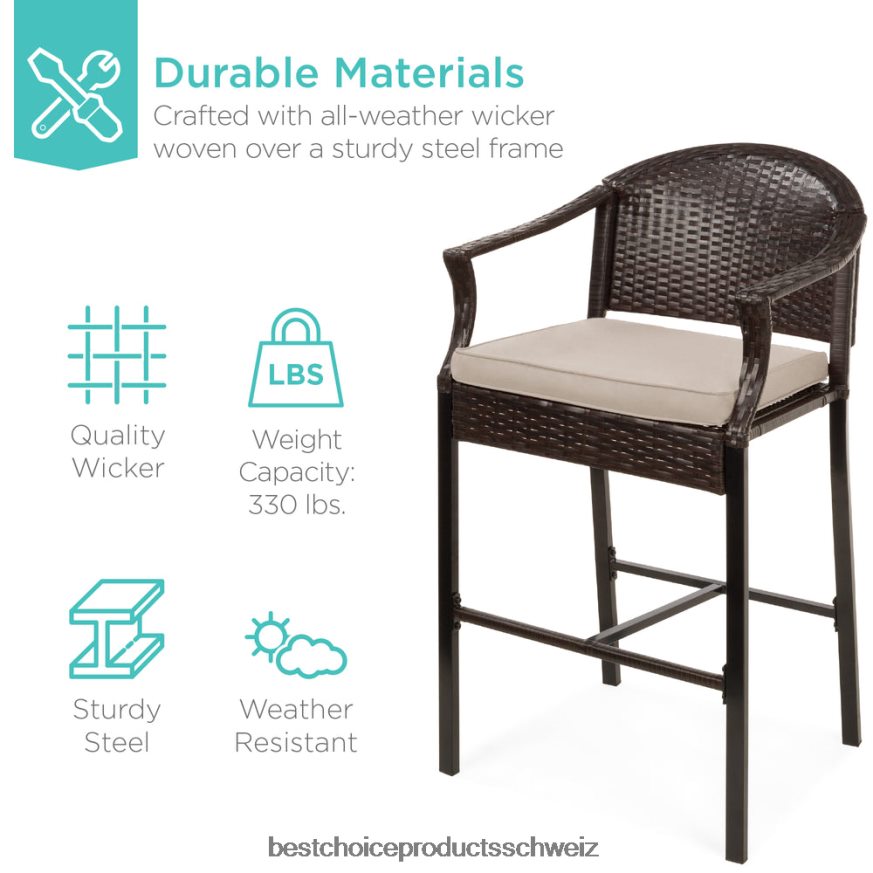 Best Choice Products 3-teiliges Outdoor-Bistrotisch-Bar-Set aus Korbgeflecht mit Barhockern und Fußstützen Beige 2JD0221396