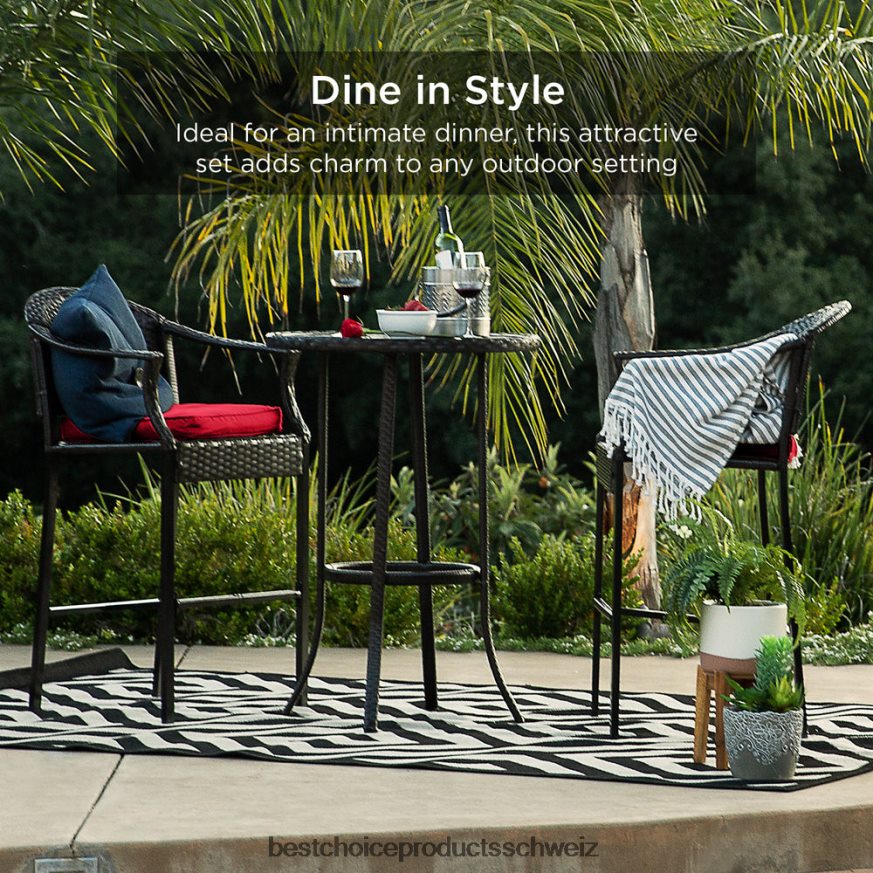 Best Choice Products 3-teiliges Outdoor-Bistrotisch-Bar-Set aus Korbgeflecht mit Barhockern und Fußstützen Rot 2JD0221397