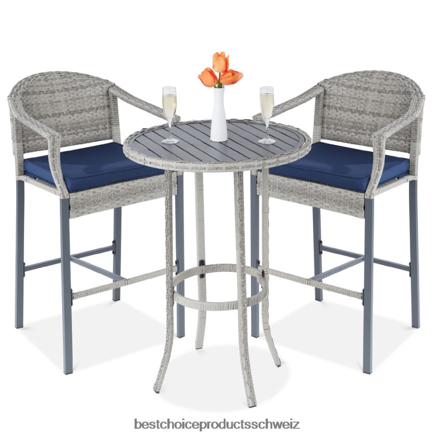 Best Choice Products 3-teiliges Outdoor-Bistrotisch-Bar-Set aus Korbgeflecht mit Barhockern und Fußstützen grau Blau 2JD0221398