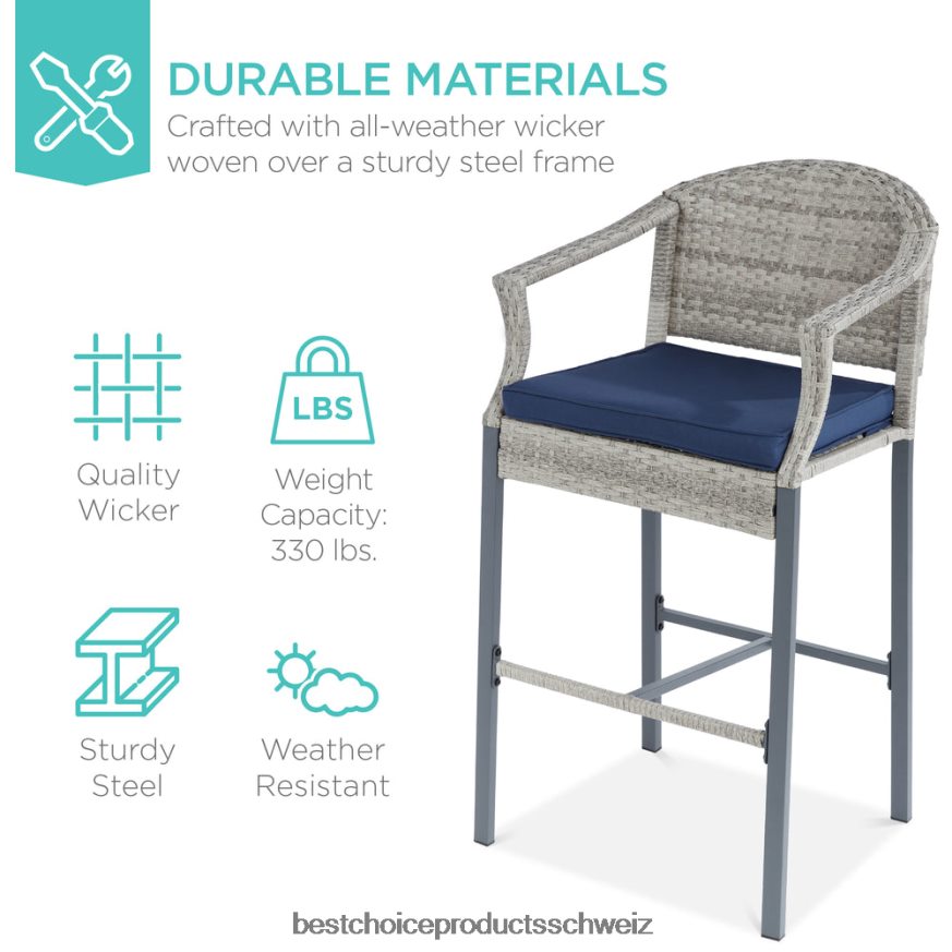 Best Choice Products 3-teiliges Outdoor-Bistrotisch-Bar-Set aus Korbgeflecht mit Barhockern und Fußstützen grau Blau 2JD0221398