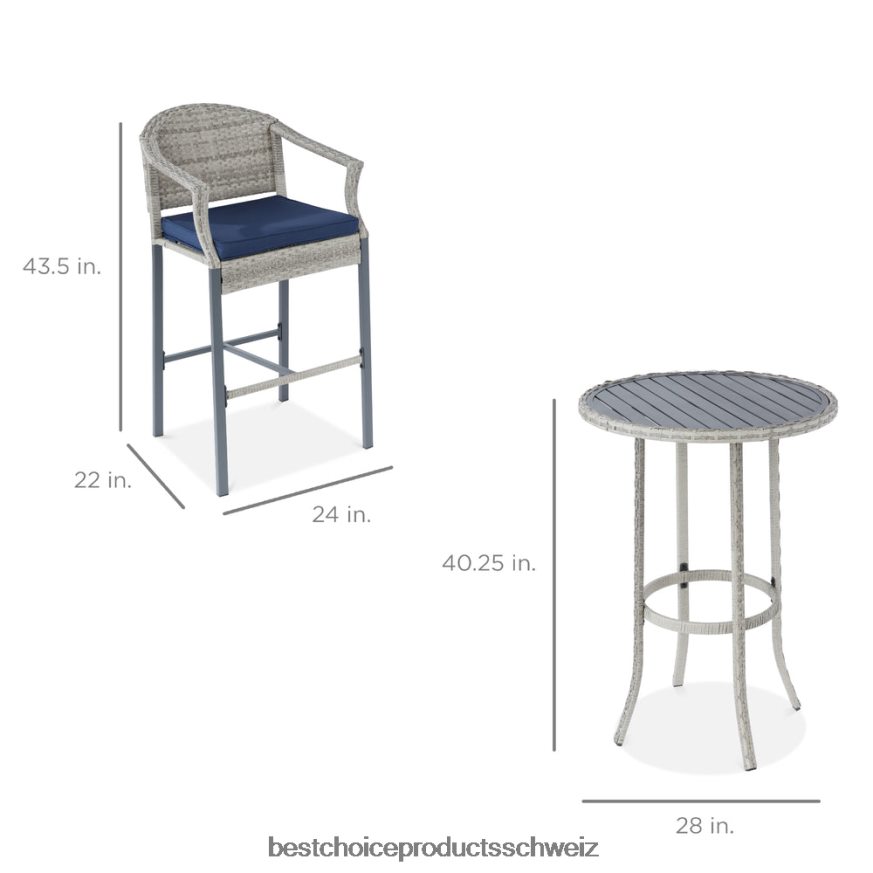 Best Choice Products 3-teiliges Outdoor-Bistrotisch-Bar-Set aus Korbgeflecht mit Barhockern und Fußstützen grau Blau 2JD0221398