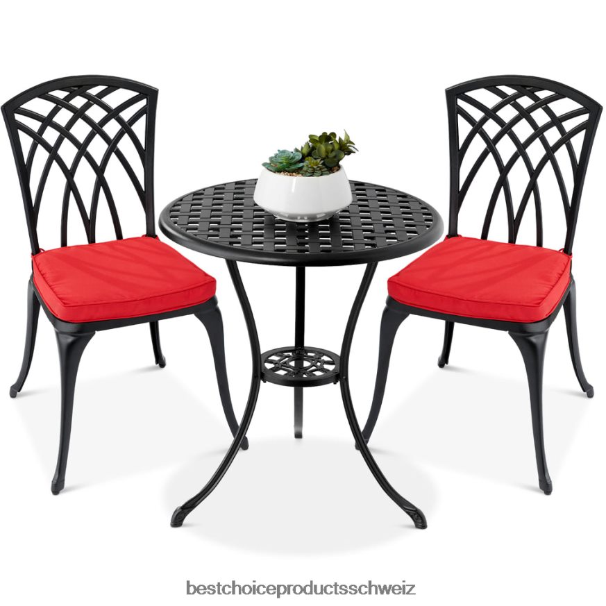 Best Choice Products 3-teiliges Terrassen-Bistro-Set mit Schirmloch, 2 Stühlen, Polyesterkissen Schwarz Rot 2JD0221452