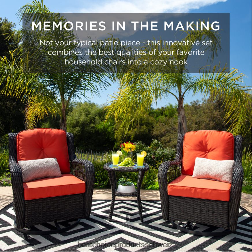 Best Choice Products 3-teiliges Terrassen-Bistromöbel-Set aus Korbgeflecht mit 2 drehbaren Schaukelstühlen und Tisch Rost 2JD0221406