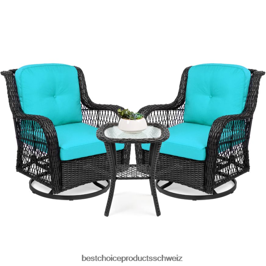 Best Choice Products 3-teiliges Terrassen-Bistromöbel-Set aus Korbgeflecht mit 2 drehbaren Schaukelstühlen und Tisch blaugrün 2JD0221408
