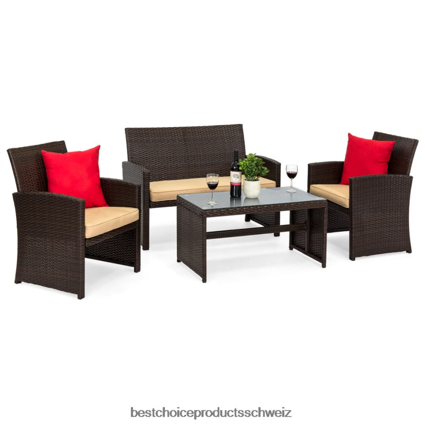 Best Choice Products 4-teiliges Outdoor-Terrassenset aus Korbgeflecht mit 4 Sitzen und Glastischplatte braun/beige 2JD0221400
