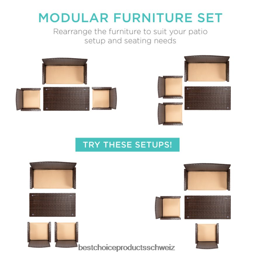 Best Choice Products 4-teiliges Outdoor-Terrassenset aus Korbgeflecht mit 4 Sitzen und Glastischplatte braun/beige 2JD0221400