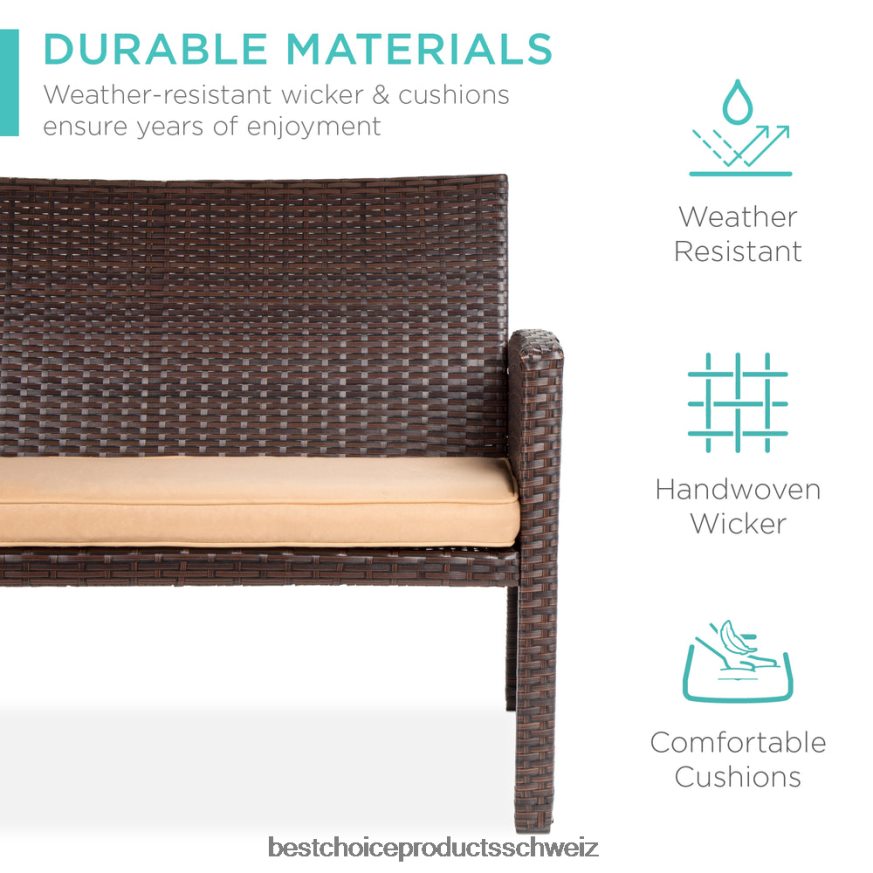 Best Choice Products 4-teiliges Outdoor-Terrassenset aus Korbgeflecht mit 4 Sitzen und Glastischplatte braun/beige 2JD0221400