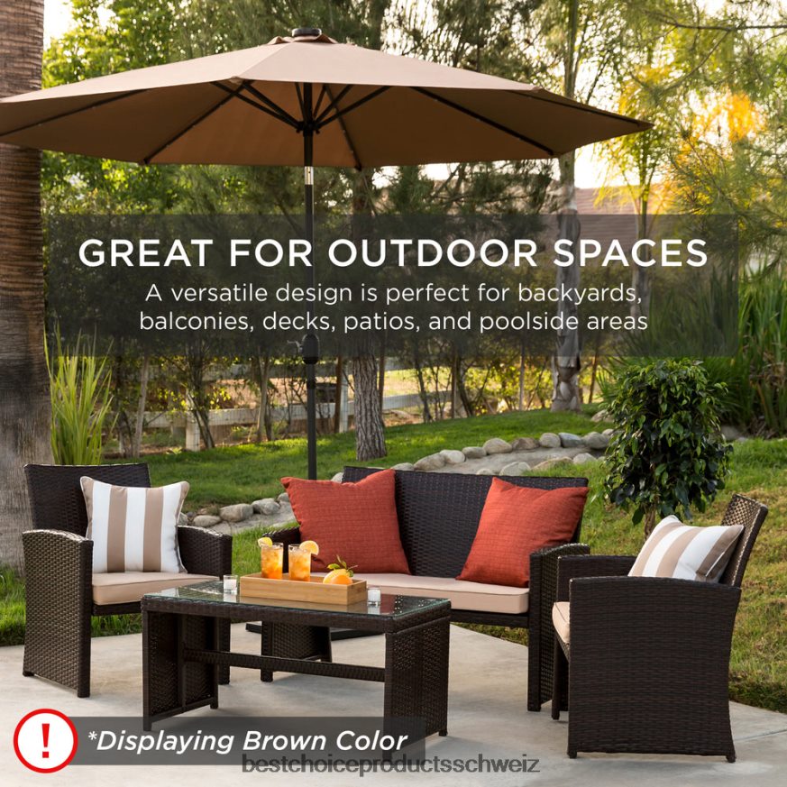 Best Choice Products 4-teiliges Outdoor-Terrassenset aus Korbgeflecht mit 4 Sitzen und Glastischplatte braun/beige 2JD0221400