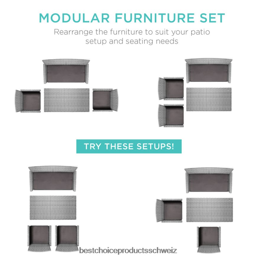 Best Choice Products 4-teiliges Outdoor-Terrassenset aus Korbgeflecht mit 4 Sitzen und Glastischplatte grau 2JD0221404