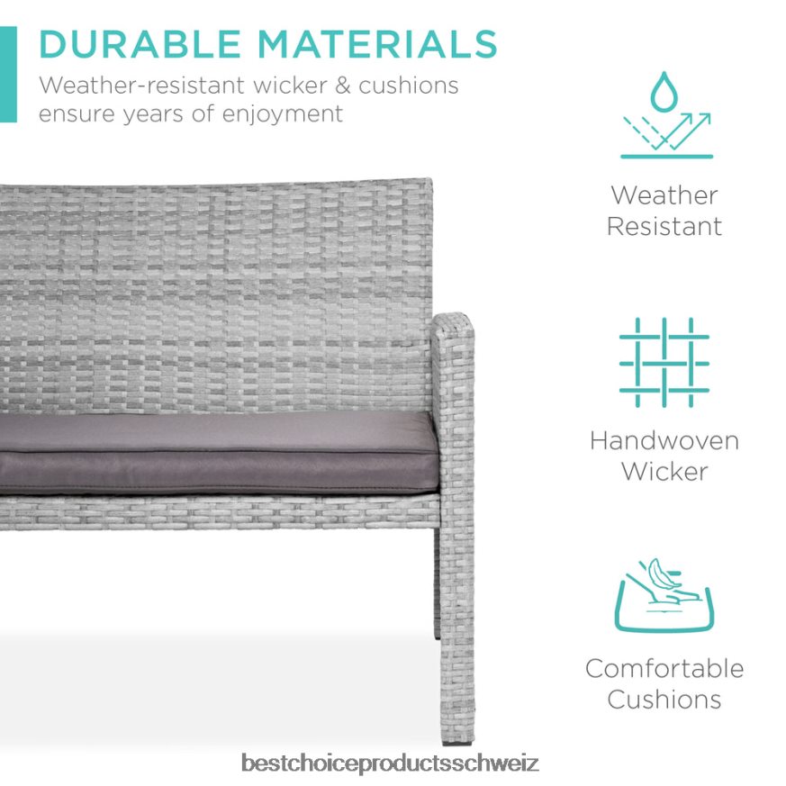 Best Choice Products 4-teiliges Outdoor-Terrassenset aus Korbgeflecht mit 4 Sitzen und Glastischplatte grau 2JD0221404