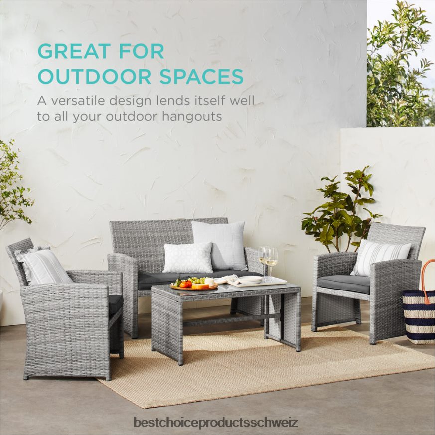 Best Choice Products 4-teiliges Outdoor-Terrassenset aus Korbgeflecht mit 4 Sitzen und Glastischplatte grau 2JD0221404