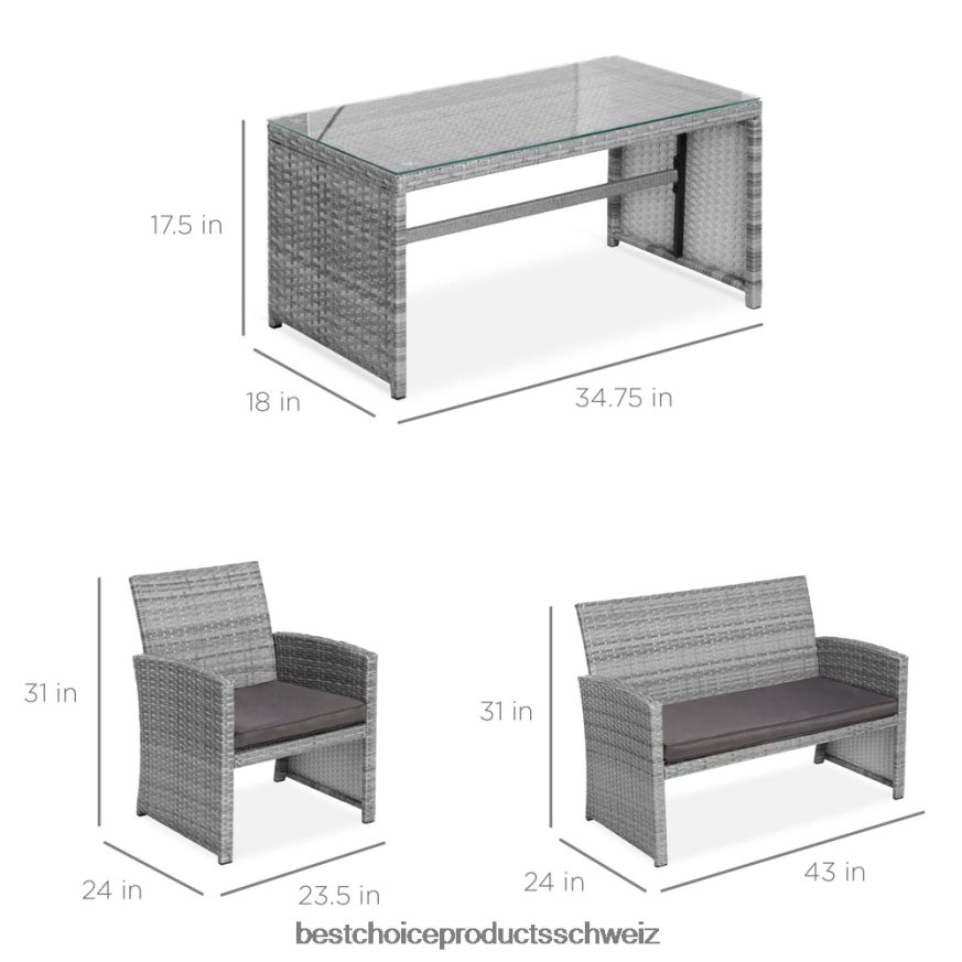 Best Choice Products 4-teiliges Outdoor-Terrassenset aus Korbgeflecht mit 4 Sitzen und Glastischplatte grau 2JD0221404