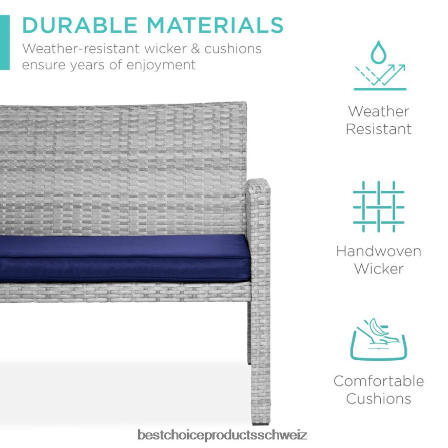 Best Choice Products 4-teiliges Outdoor-Terrassenset aus Korbgeflecht mit 4 Sitzen und Glastischplatte grau/marine 2JD0221402