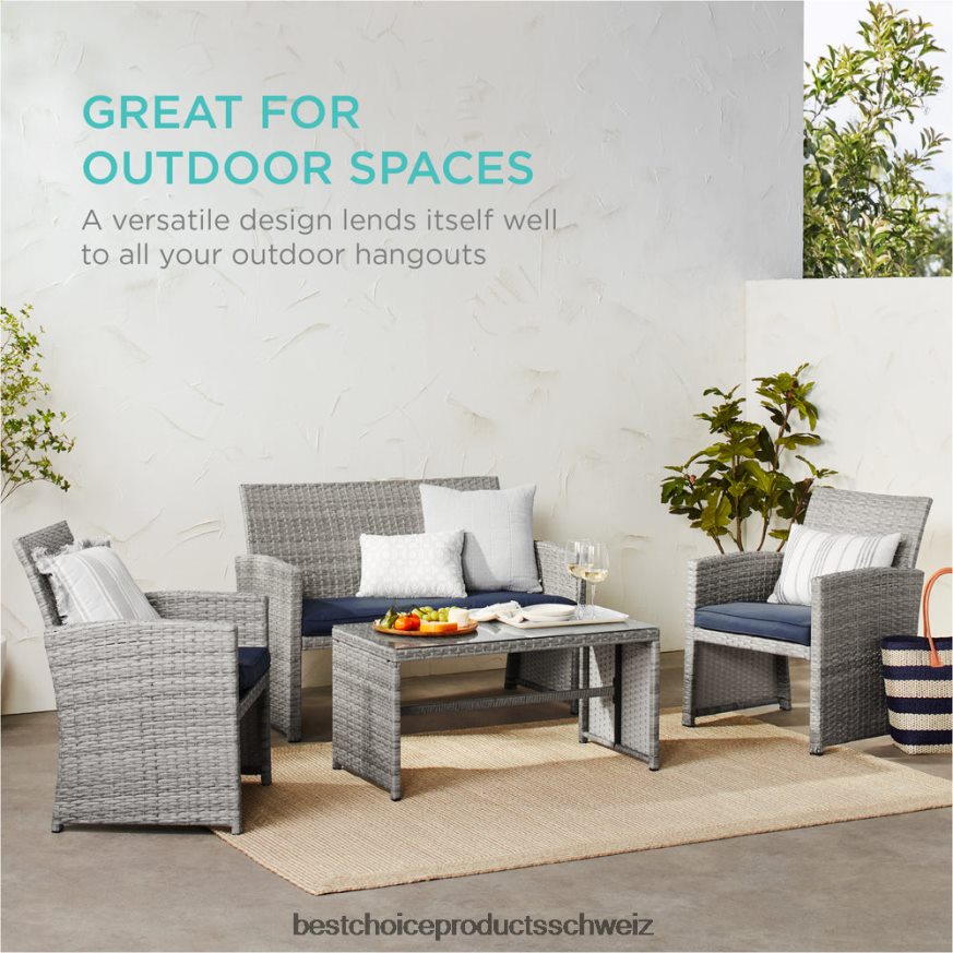 Best Choice Products 4-teiliges Outdoor-Terrassenset aus Korbgeflecht mit 4 Sitzen und Glastischplatte grau/marine 2JD0221402