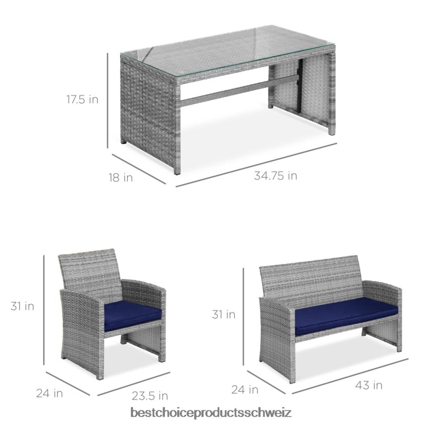 Best Choice Products 4-teiliges Outdoor-Terrassenset aus Korbgeflecht mit 4 Sitzen und Glastischplatte grau/marine 2JD0221402