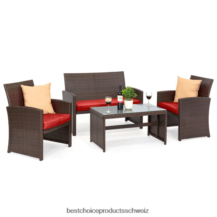 Best Choice Products 4-teiliges Outdoor-Terrassenset aus Korbgeflecht mit 4 Sitzen und Glastischplatte rotbraun 2JD0221403