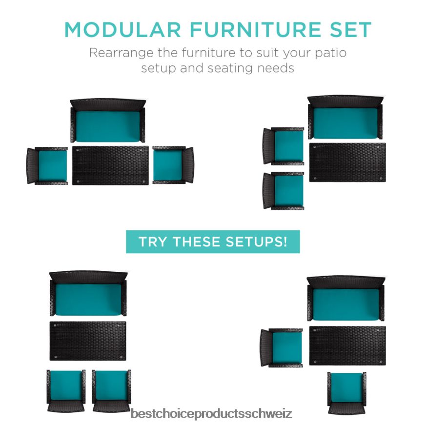 Best Choice Products 4-teiliges Outdoor-Terrassenset aus Korbgeflecht mit 4 Sitzen und Glastischplatte schwarz/blaugrün 2JD0221401