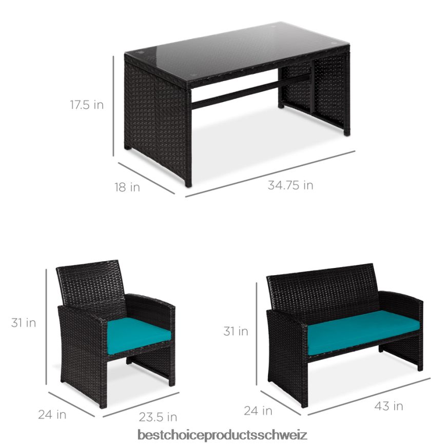 Best Choice Products 4-teiliges Outdoor-Terrassenset aus Korbgeflecht mit 4 Sitzen und Glastischplatte schwarz/blaugrün 2JD0221401