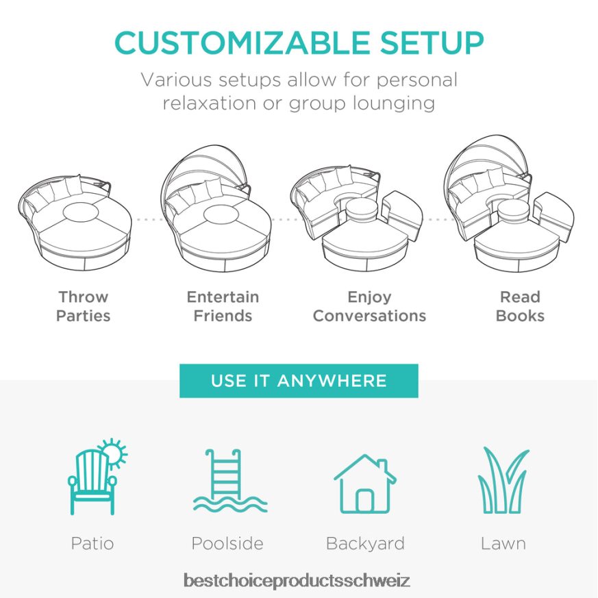 Best Choice Products 5-teiliges 2-in-1-Schlafsofa aus Korbgeflecht mit verstellbaren Sitzen, Baldachin und Bezug Beige 2JD0221466