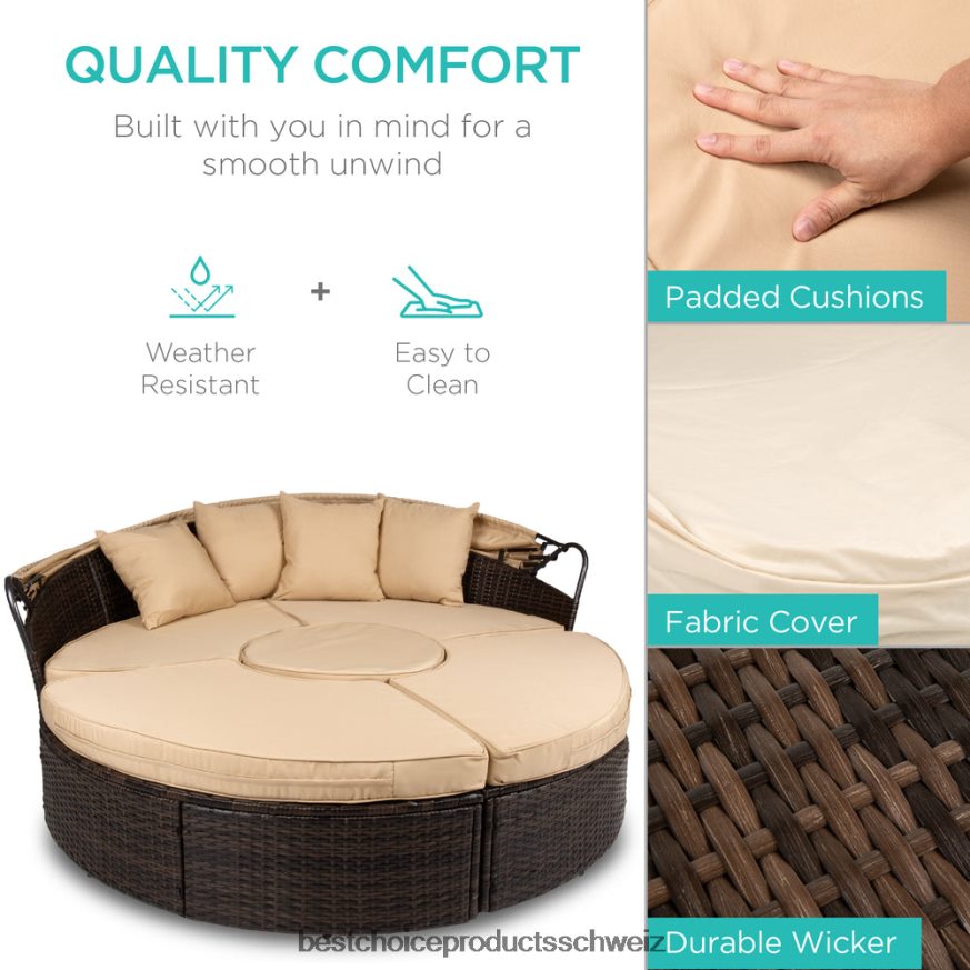 Best Choice Products 5-teiliges 2-in-1-Schlafsofa aus Korbgeflecht mit verstellbaren Sitzen, Baldachin und Bezug Beige 2JD0221466