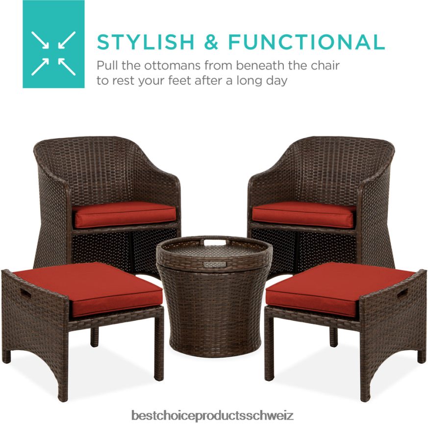 Best Choice Products 5-teiliges Outdoor-Bistro-Set aus Korbgeflecht mit Beistelltisch, kein Zusammenbau erforderlich Rot 2JD022852