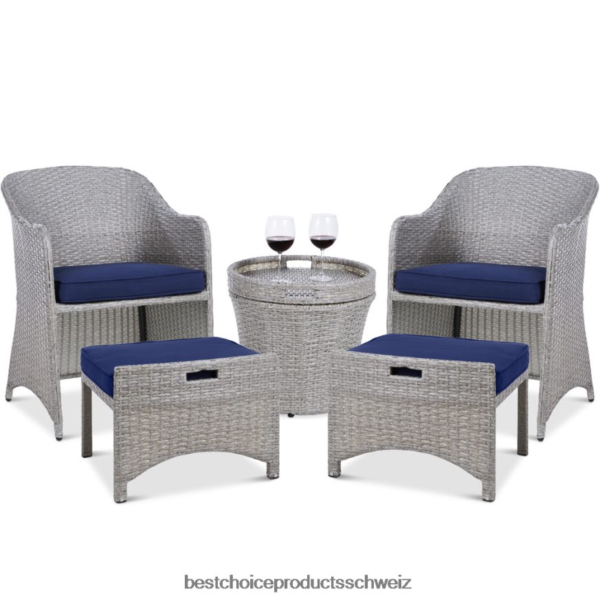 Best Choice Products 5-teiliges Outdoor-Bistro-Set aus Korbgeflecht mit Beistelltisch, kein Zusammenbau erforderlich grau/marine 2JD022853