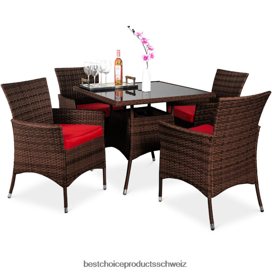 Best Choice Products 5-teiliges Terrassen-Esstisch-Set aus Korbgeflecht mit 4 Stühlen Rot 2JD022409