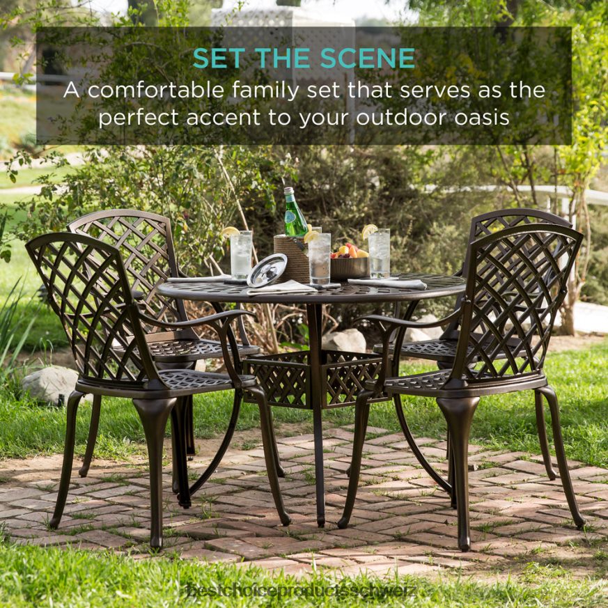 Best Choice Products 5-teiliges, wetterfestes Terrassen-Essset aus Aluminiumguss mit 4 Stühlen braun 2JD022413