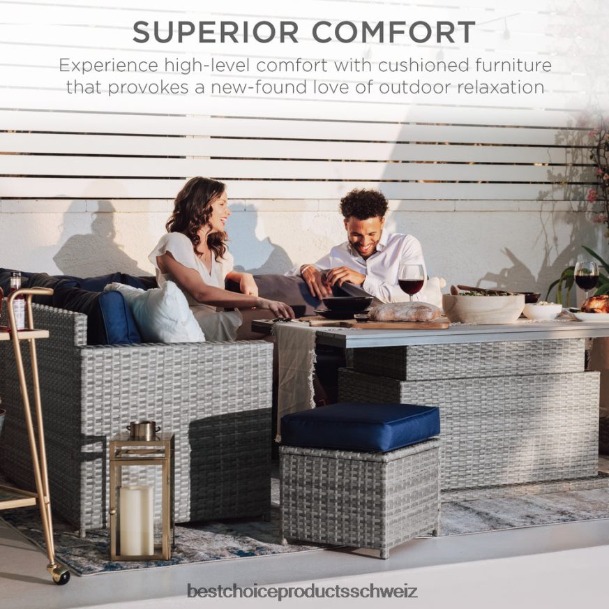 Best Choice Products 6-teiliges Terrassenmöbel-Set aus Korbgeflecht mit höhenverstellbarem Esstisch grau/marine 2JD022428