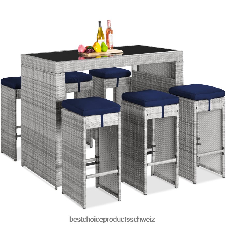 Best Choice Products 7-teiliges Bar-/Terrassen-Essset aus Korbgeflecht mit Glastischplatte und 6 Hockern Marine 2JD0221393