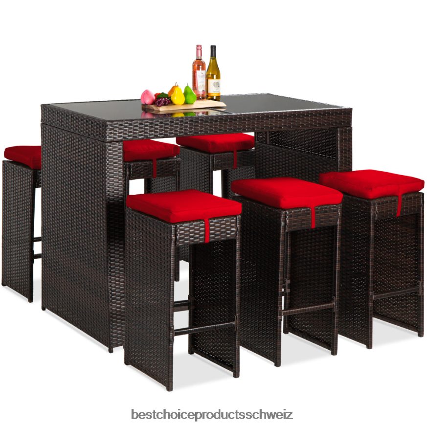 Best Choice Products 7-teiliges Bar-/Terrassen-Essset aus Korbgeflecht mit Glastischplatte und 6 Hockern Rot 2JD0221391