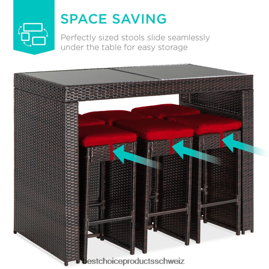 Best Choice Products 7-teiliges Bar-/Terrassen-Essset aus Korbgeflecht mit Glastischplatte und 6 Hockern Rot 2JD0221391
